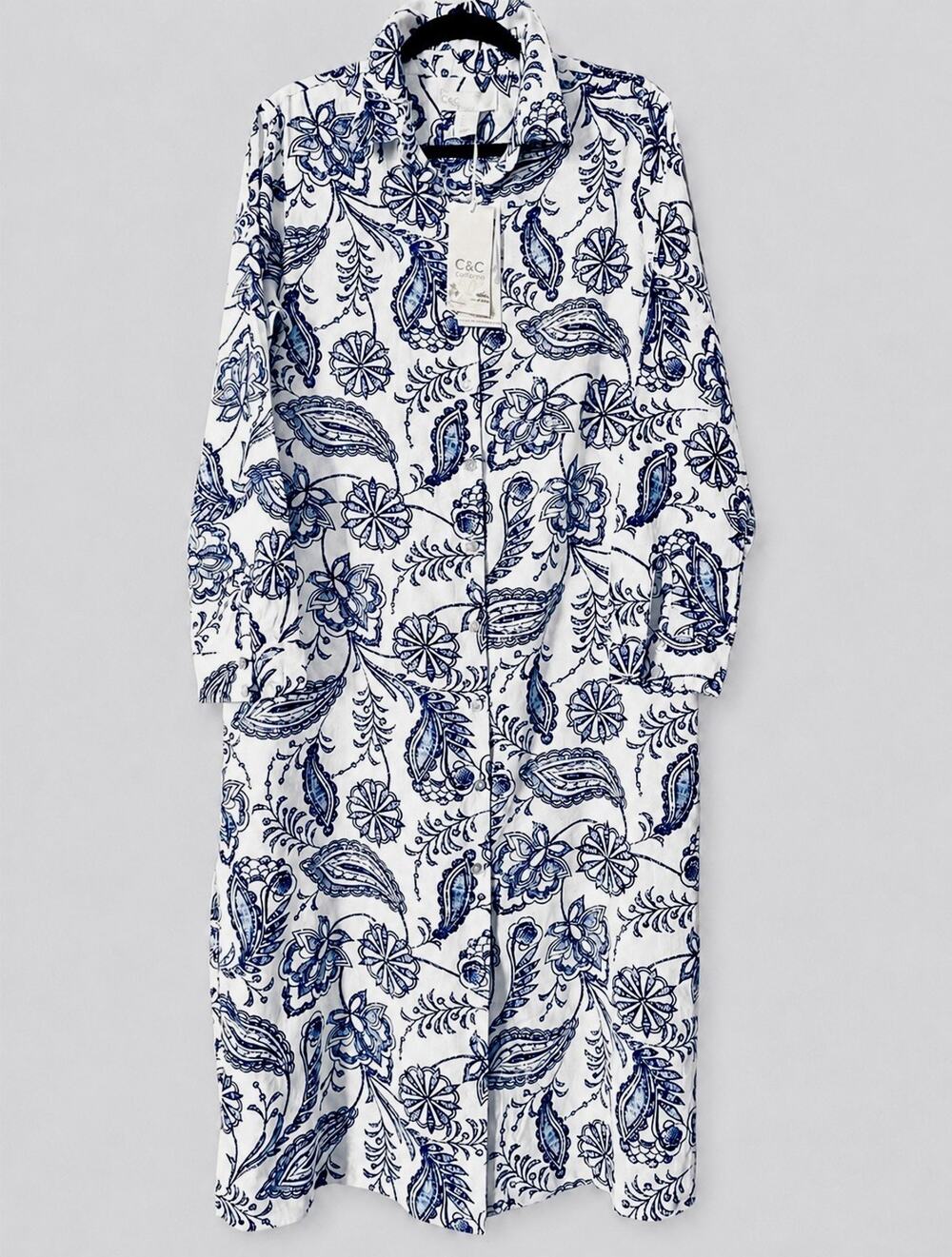 C&C California Womens Blue White Floral Paisley Shirt Dress Sz L Long Sleeve NWT